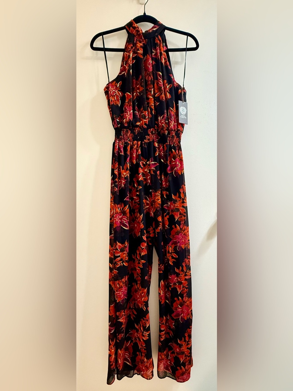 Vince Camuto Black Halter Jumpsuit with Red & Pink Floral Print Size S NWT - Picture 11 of 16